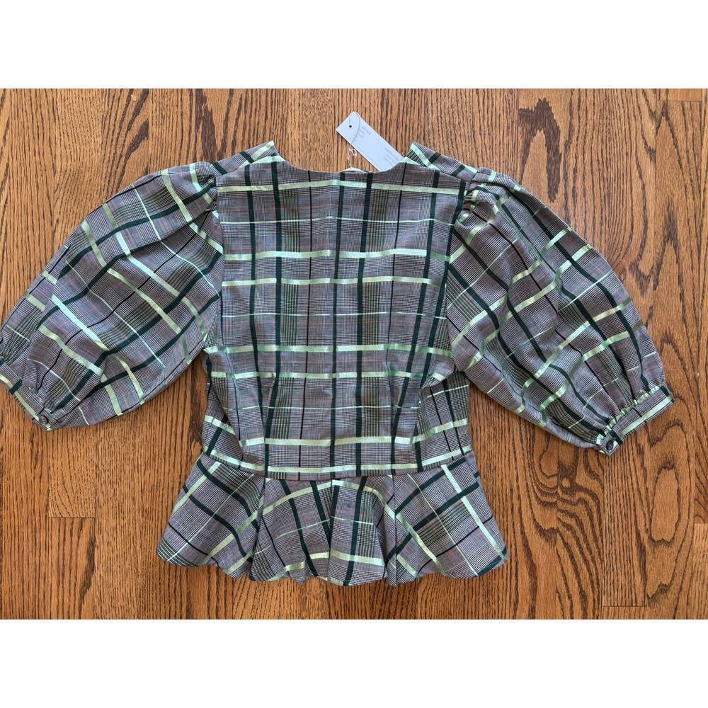 Jeune Otte Women's Christine Blouse Wool Plaid Peplum Top Green Multi Size S NWT - Picture 5 of 7